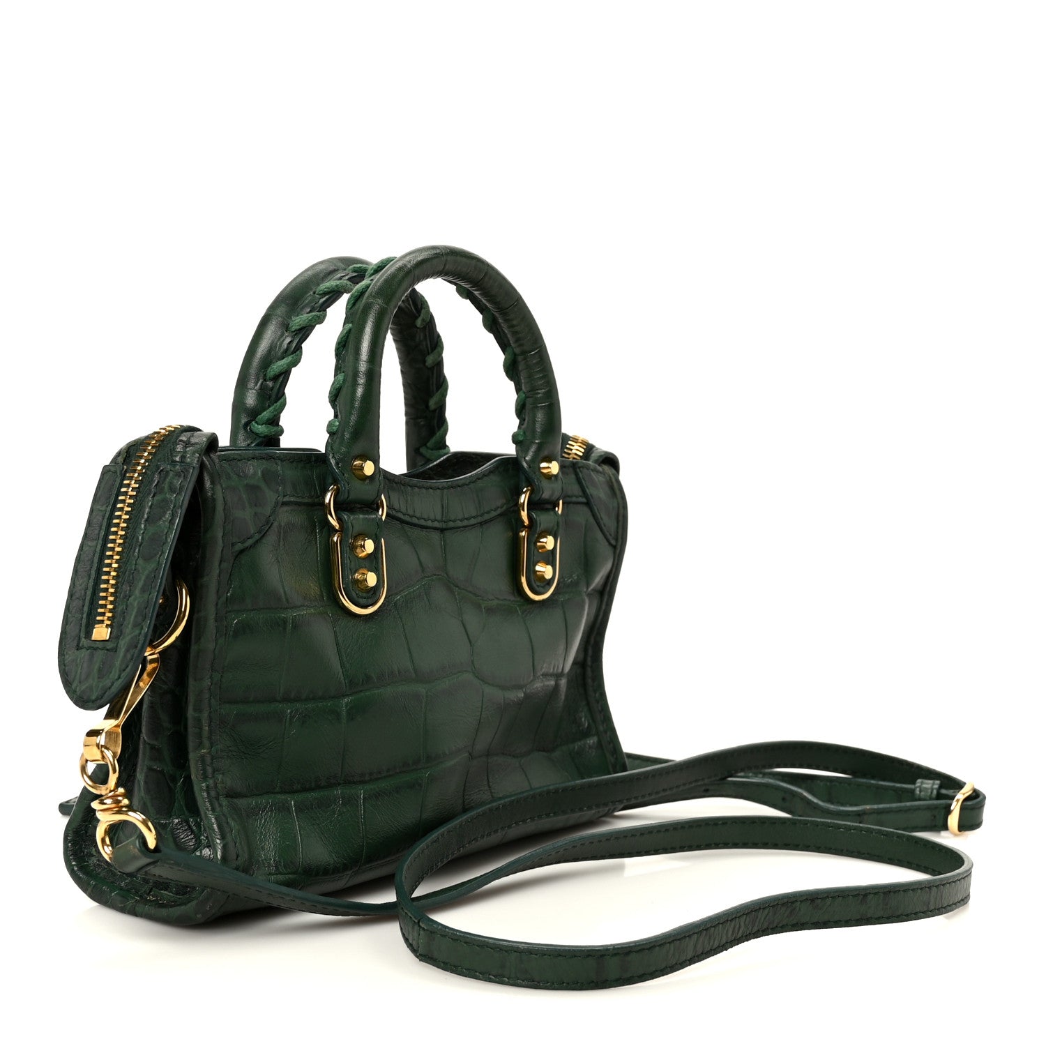 Balenciaga Shiny Supple Calfskin Crocodile Embossed Gold Metallic Edge Hardware Nano City Green 4 of 12