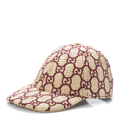 Gucci Raffia GG Monogram Elaphe Embroidered Aisha Baseball Hat L Ivory Bordeaux 1 of 9