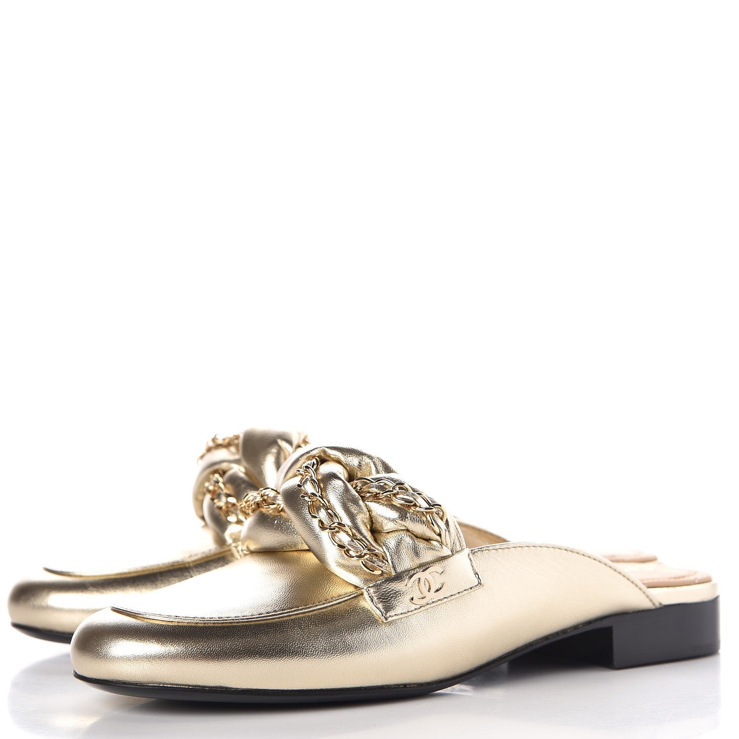 Metallic Lambskin Chain Braided Mules 37 Light Gold