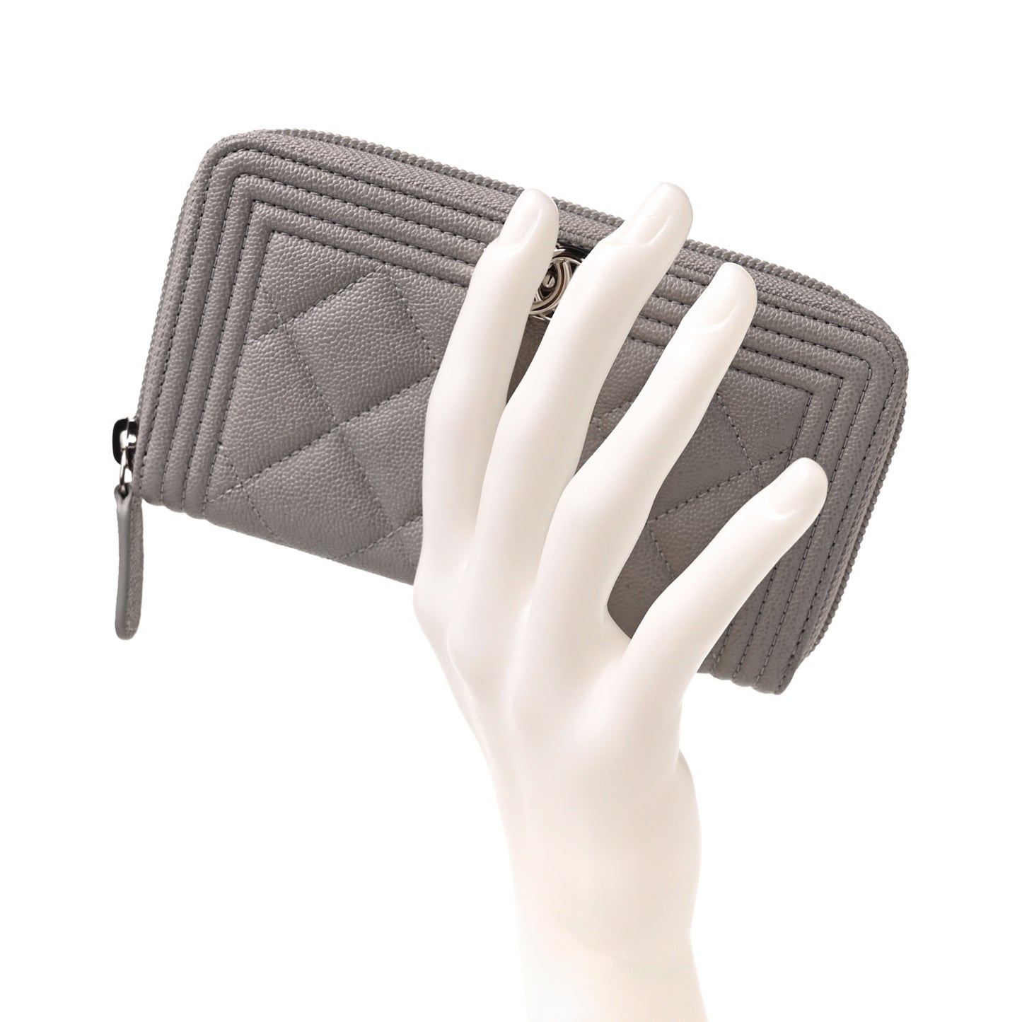 Caviar Quilted Boy Small Zip Around Wallet Grey