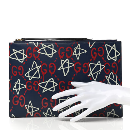 Gucci Calfskin GucciGhost Print Pouch Blue Agata Hibiscus Red 2 of 8