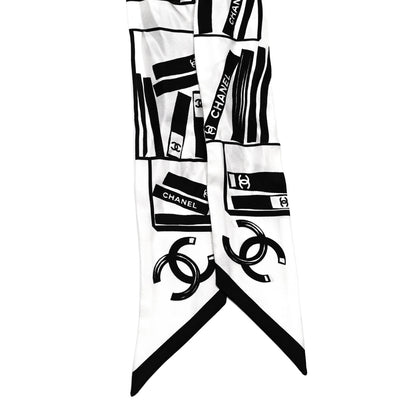 Chanel Silk CC Logo Slim Bandeau Scarf White Black 2 of 3