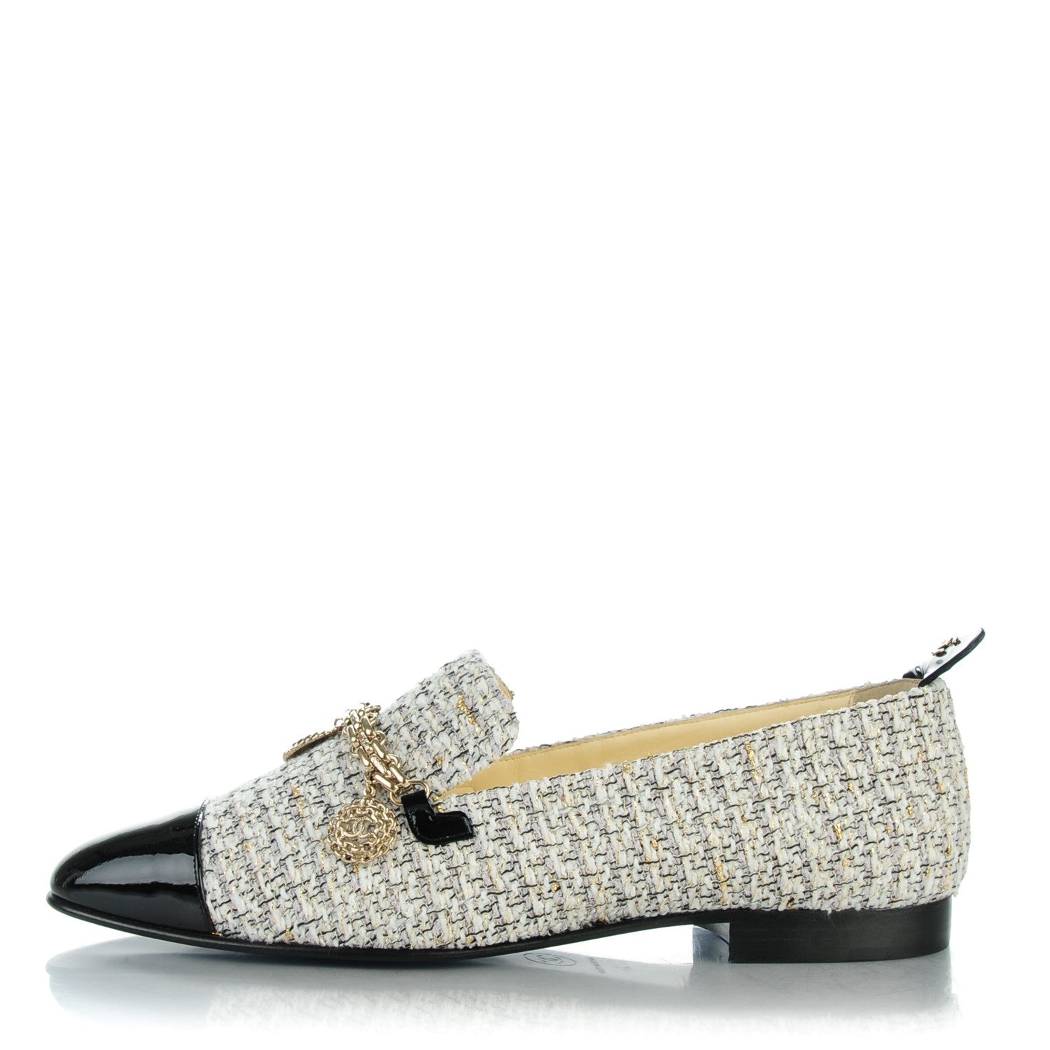 Chanel Tweed Patent Cap Toe CC Charm Loafers 37 Ecru Black Gold 1 of 9
