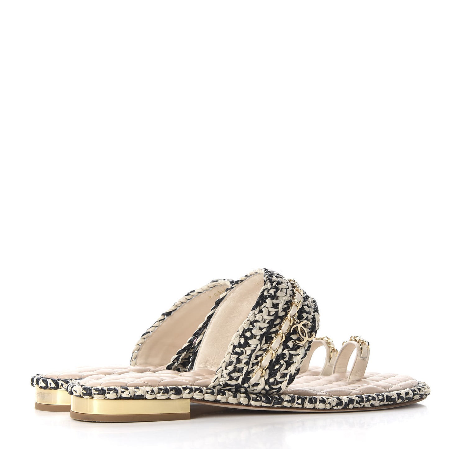Raffia Lambskin Woven Chain CC Toe Ring Sandals 41.5 Black Beige