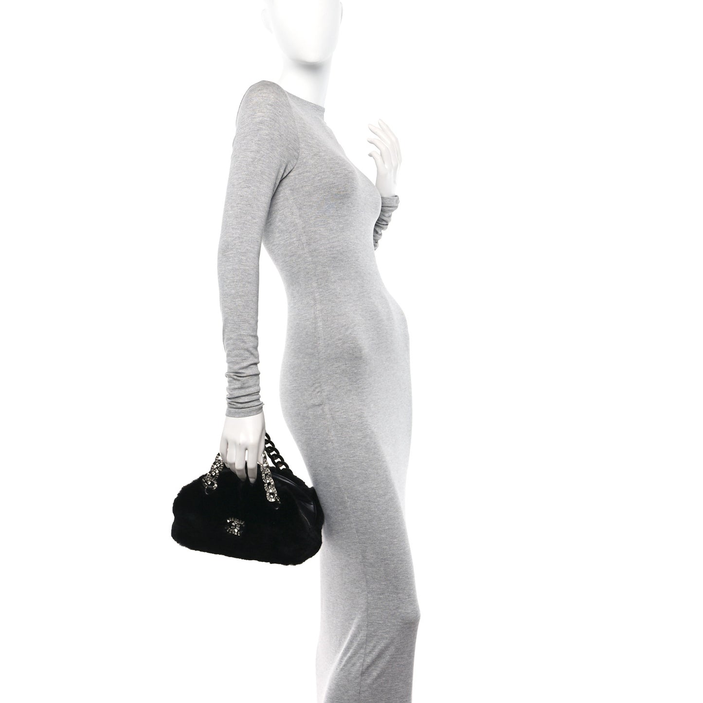 Rabbit Fur Baguette Crystal CC Bag Black
