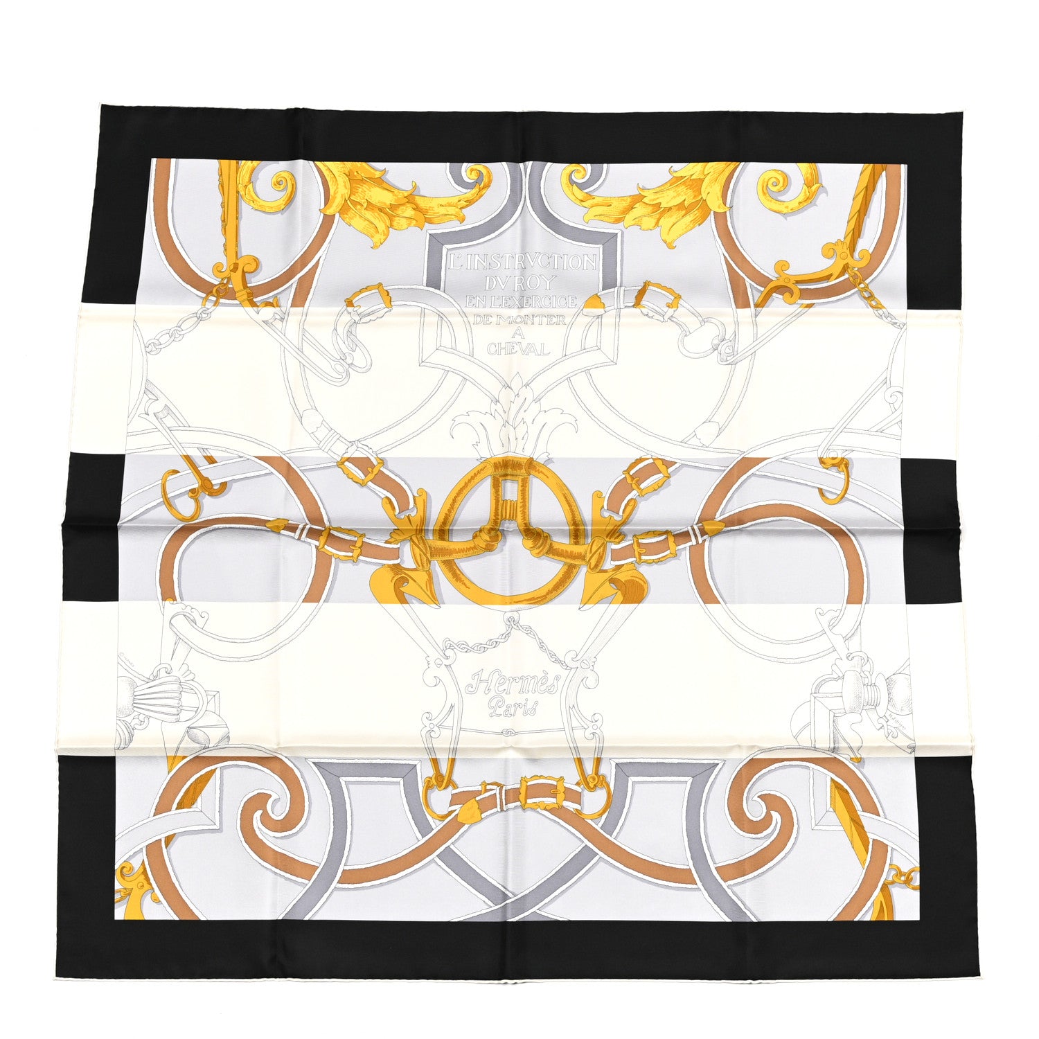 Hermes Silk L Instruction Du Roy Scarf 90 Black Gris Or 1 of 5