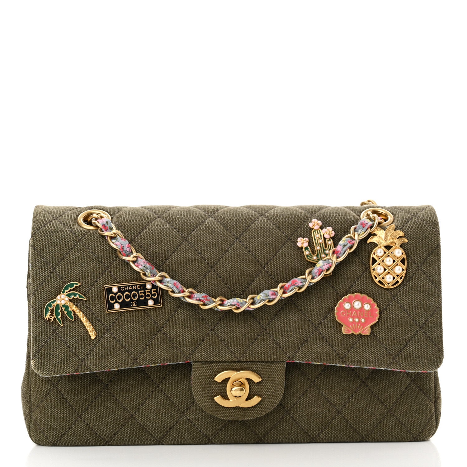 Chanel Canvas Quilted Coco Cuba Charms Medium Double Flap Khaki 1 of 10