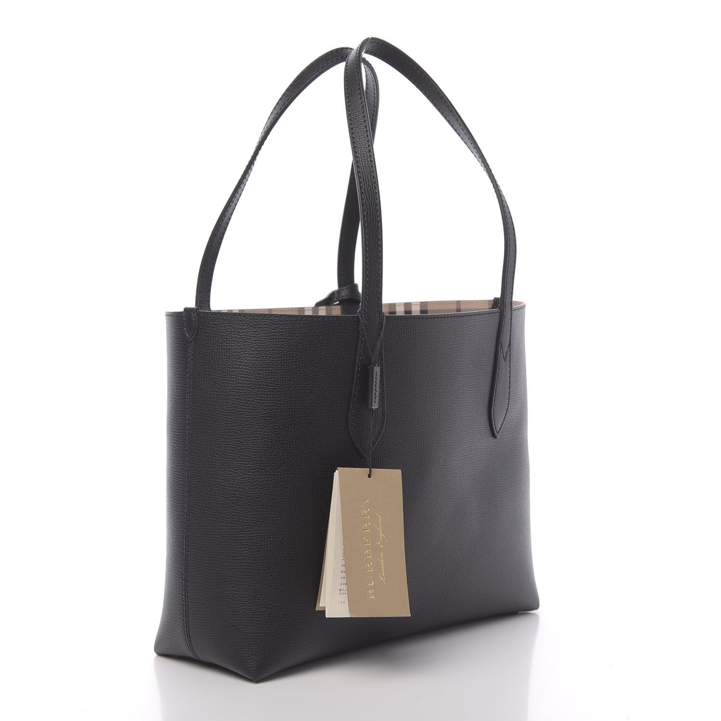 Grainy Calfskin Haymarket Check Medium Reversible Tote Black
