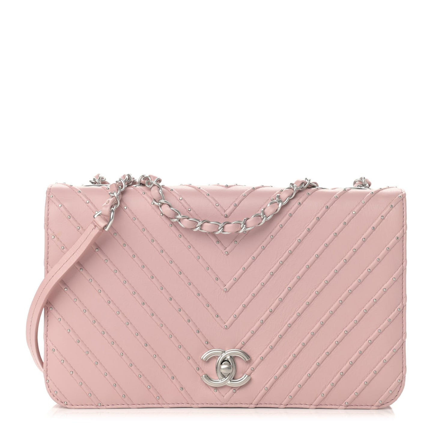 Calfskin Studded Chevron Quilted Flap Pink