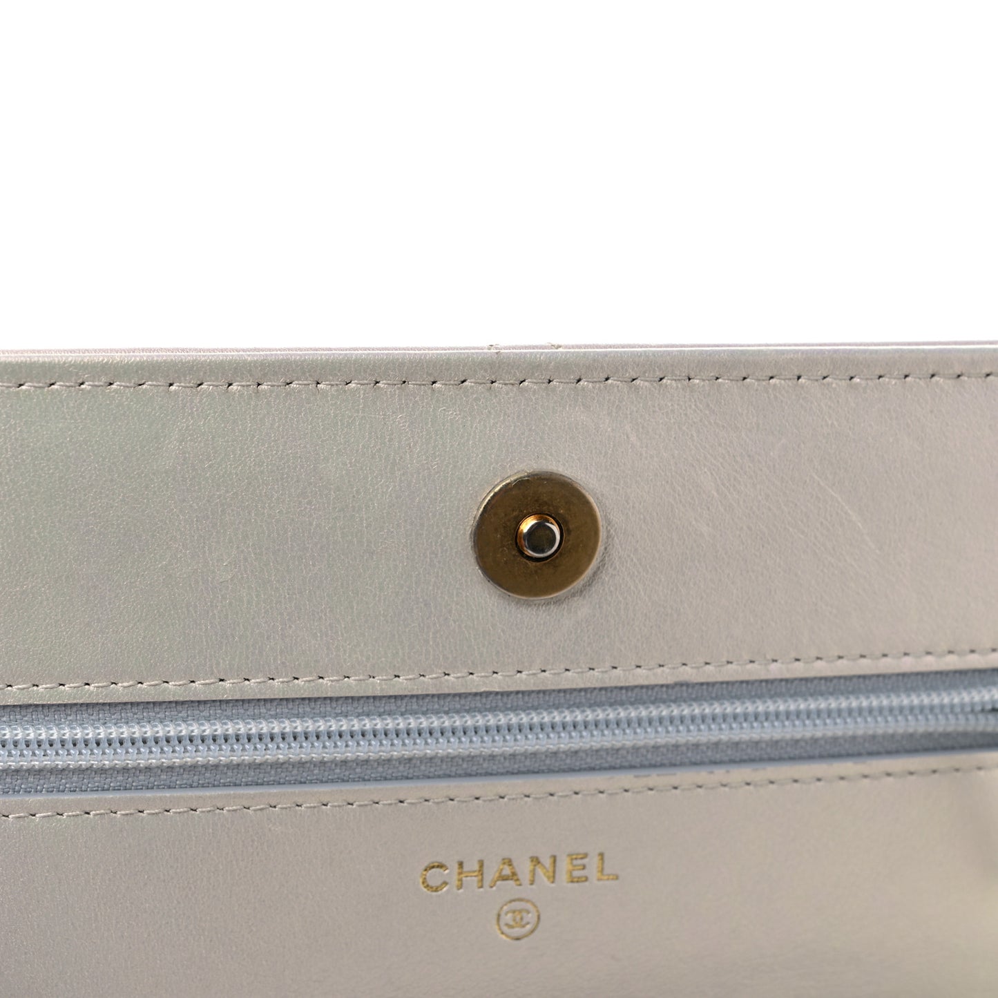 Iridescent Calfskin Quilted Chanel 19 Wallet On Chain WOC White
