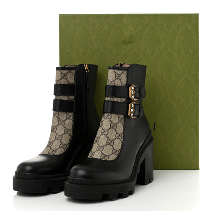 Gucci Kensington Calfskin Nappa GG Supreme Monogram Womens Double Buckle Ankle Boots 38 Black 11 of 11