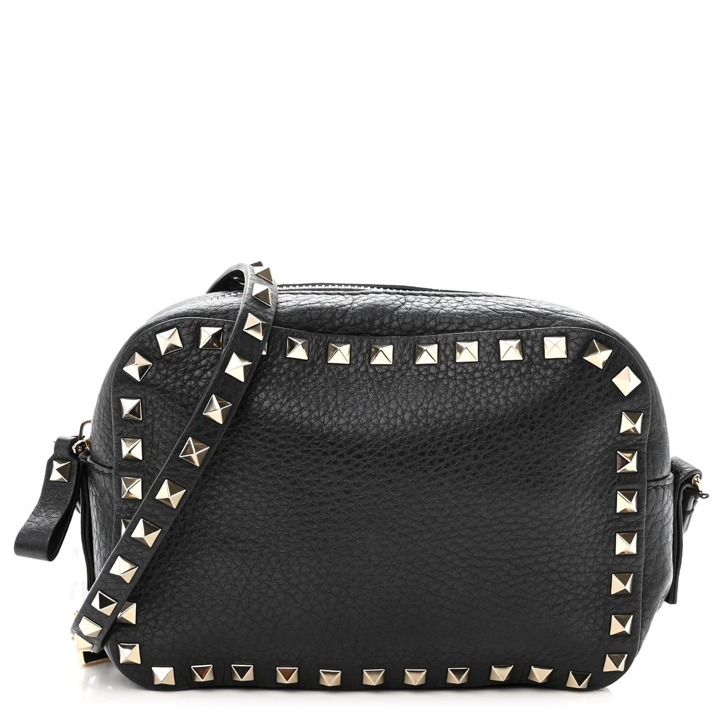 Pebbled Calfskin Rockstud Camera Crossbody Bag Black