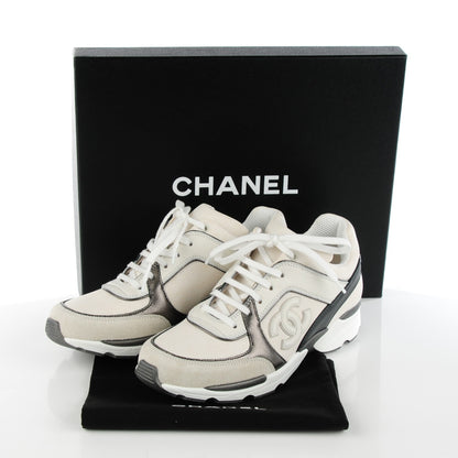 Chanel Suede Calfskin CC Sneakers 37 White Grey 5 of 9