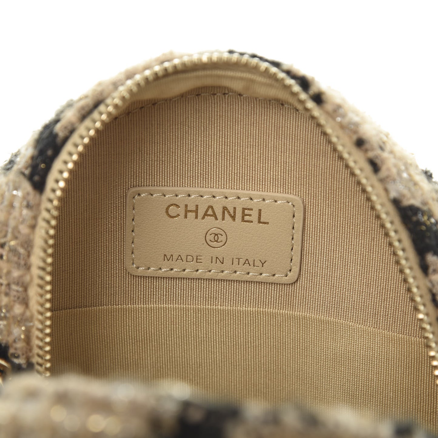Tweed Shearling Round Clutch With Chain and Coin Purse Beige Black