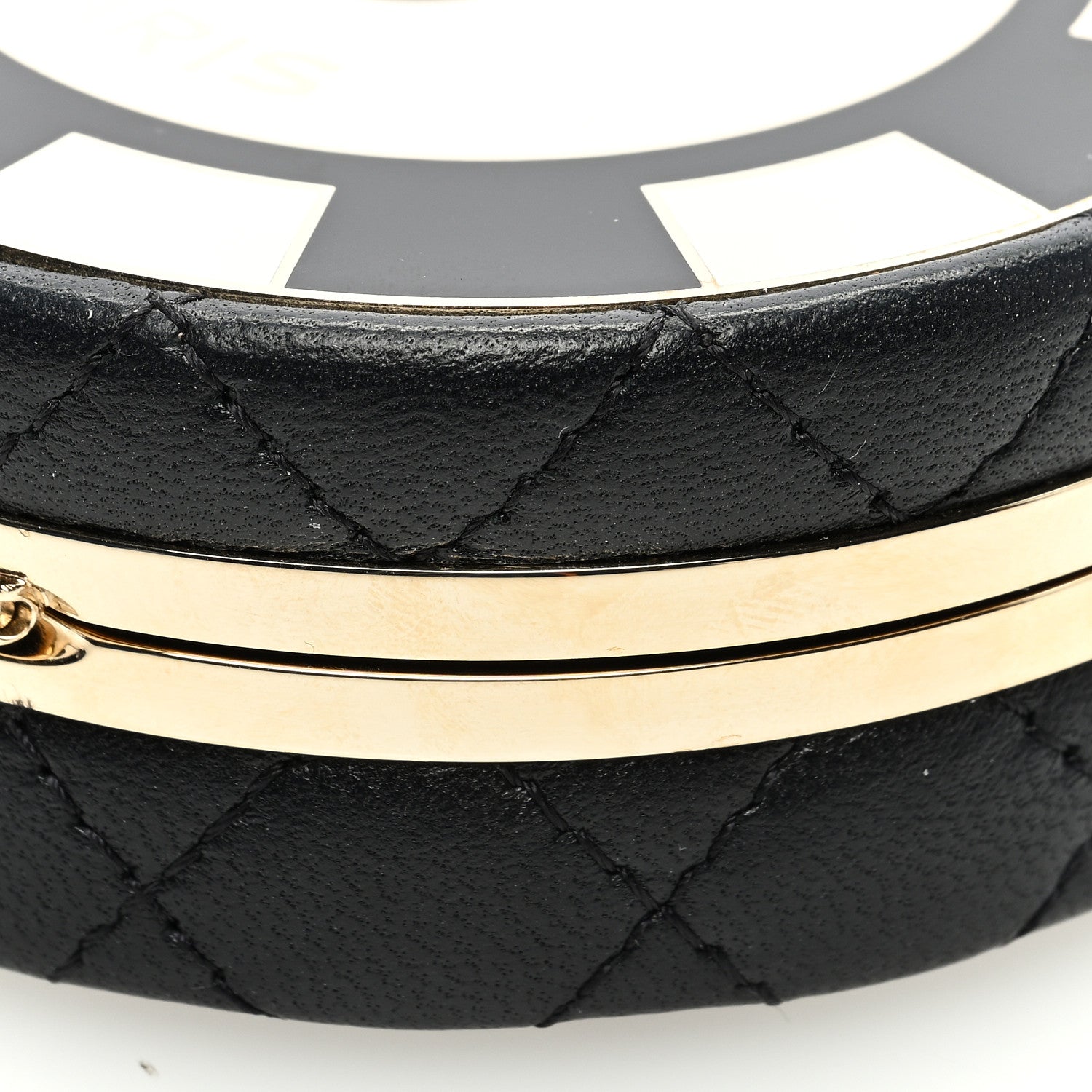 Chanel Lambskin Enamel Quilted Round Poker Chip Clutch With Chain Black White 10 of 11