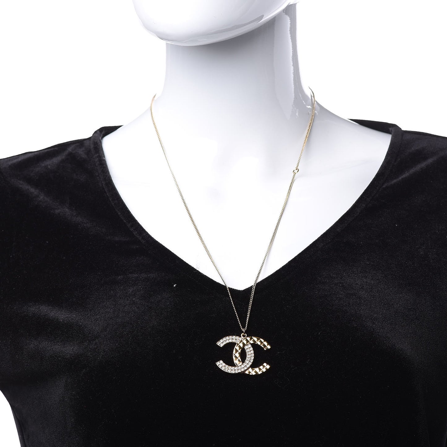 Baguette Crystal Quilted CC Pendant Necklace Gold