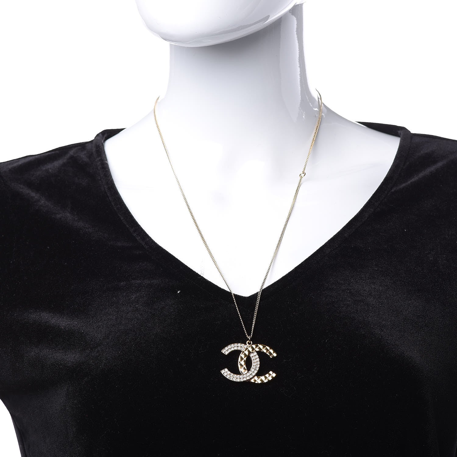 Chanel Baguette Crystal Quilted CC Pendant Necklace Gold 2 of 6