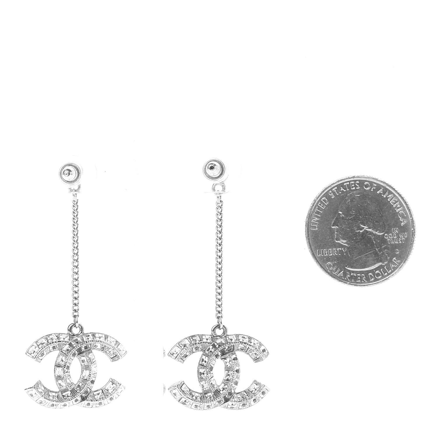 Chanel Baguette Crystal CC Drop Earrings Silver 2 of 4