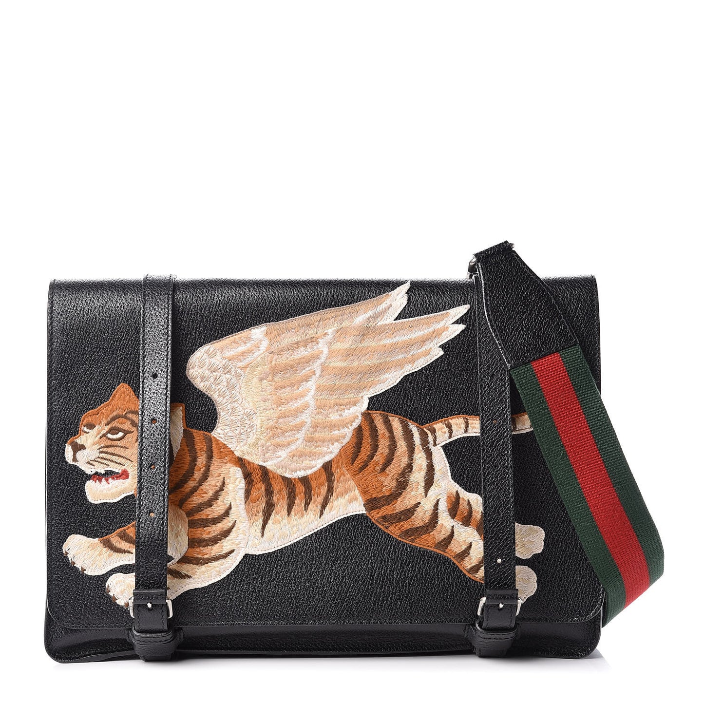 Calfskin Embroidered Tiger Messenger Bag Black