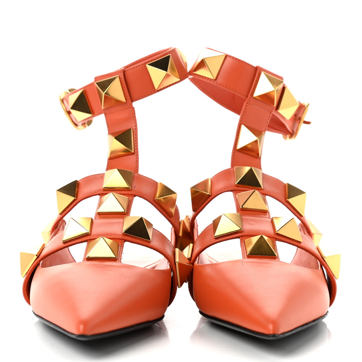 Calfskin Roman Stud Ankle Strap Flat Mules 38 Orange Zest