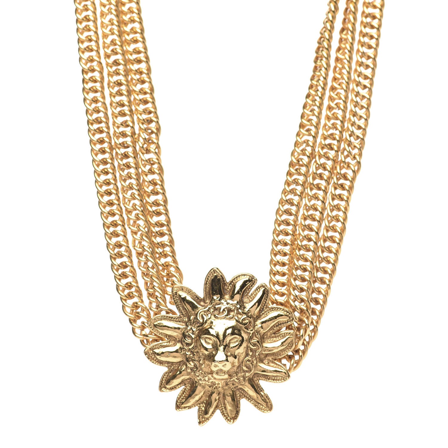 Chanel Multi Strand Chain Leo Lion Sun Medallion Necklace Gold 1 of 4