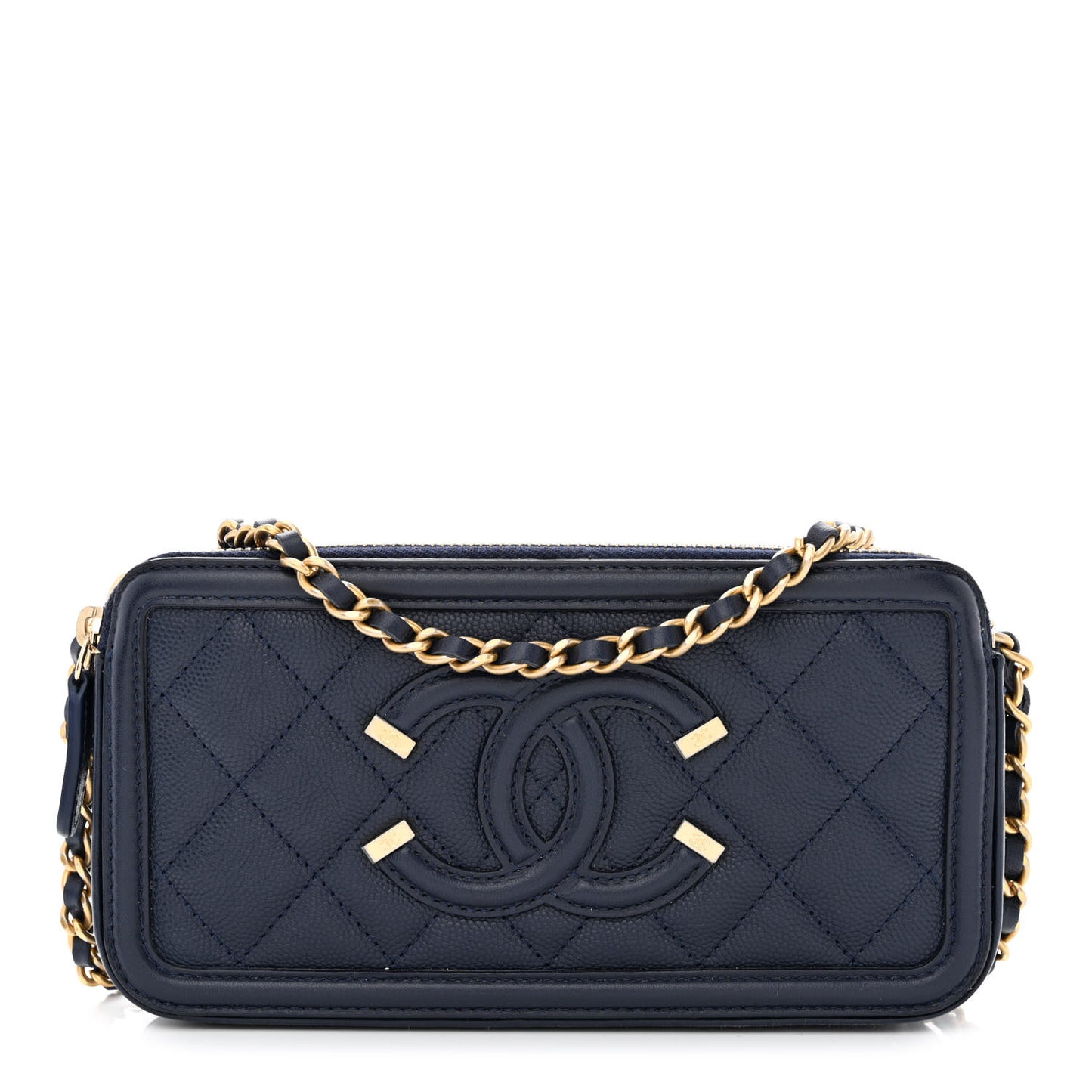Caviar Quilted CC Filigree Clutch With Chain Navy