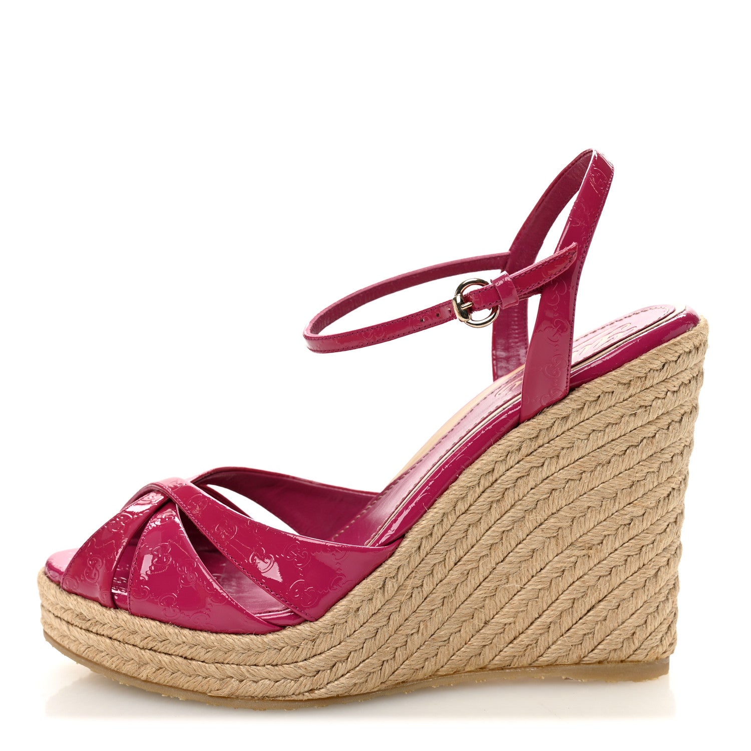 Gucci Patent Microguccissima Penelope Espadrille Wedge Sandals 37  Bright Bouganville 1 of 10