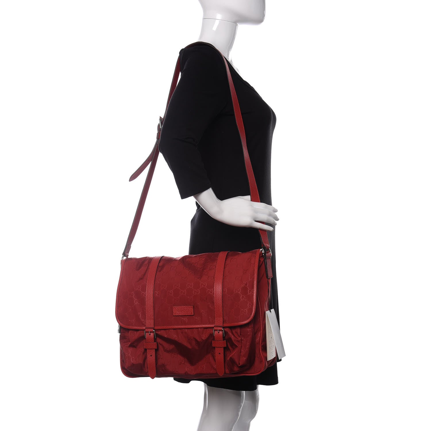 Gucci Nylon Monogram Double Buckle Flap Messenger Bag Vibrant Red 2 of 10