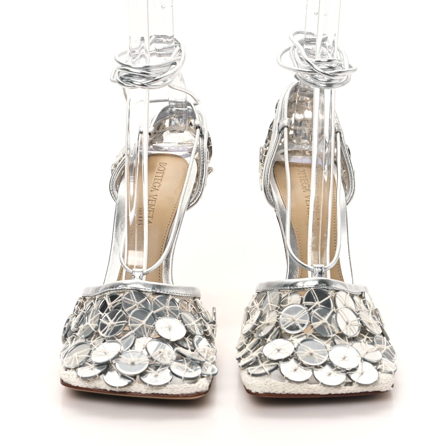 Mesh Metallic Nappa Mirror Stretch Ankle Tie Sandals 37 Silver