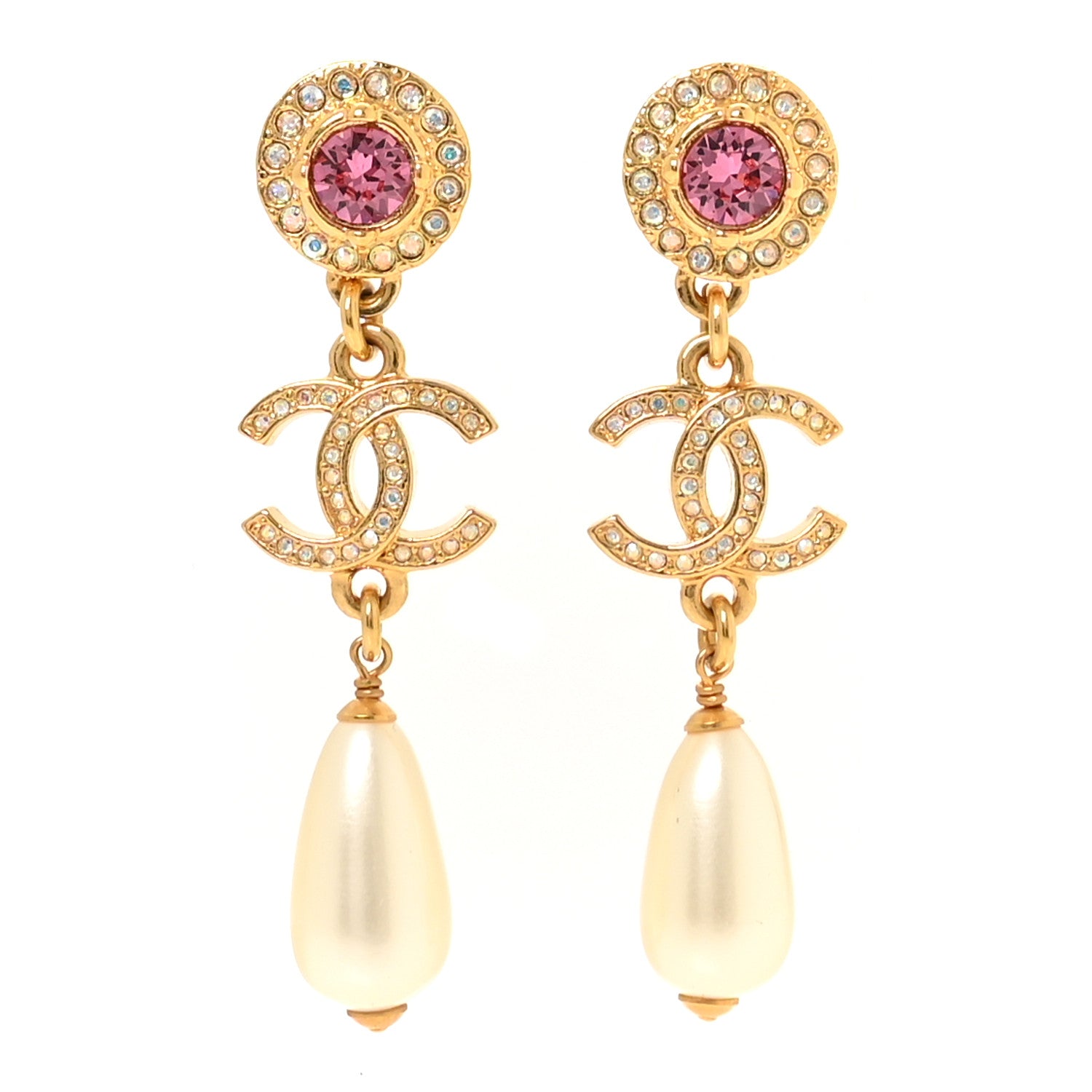 Chanel Metal Crystal Pearl CC Drop Earrings Gold Pink White 1 of 5