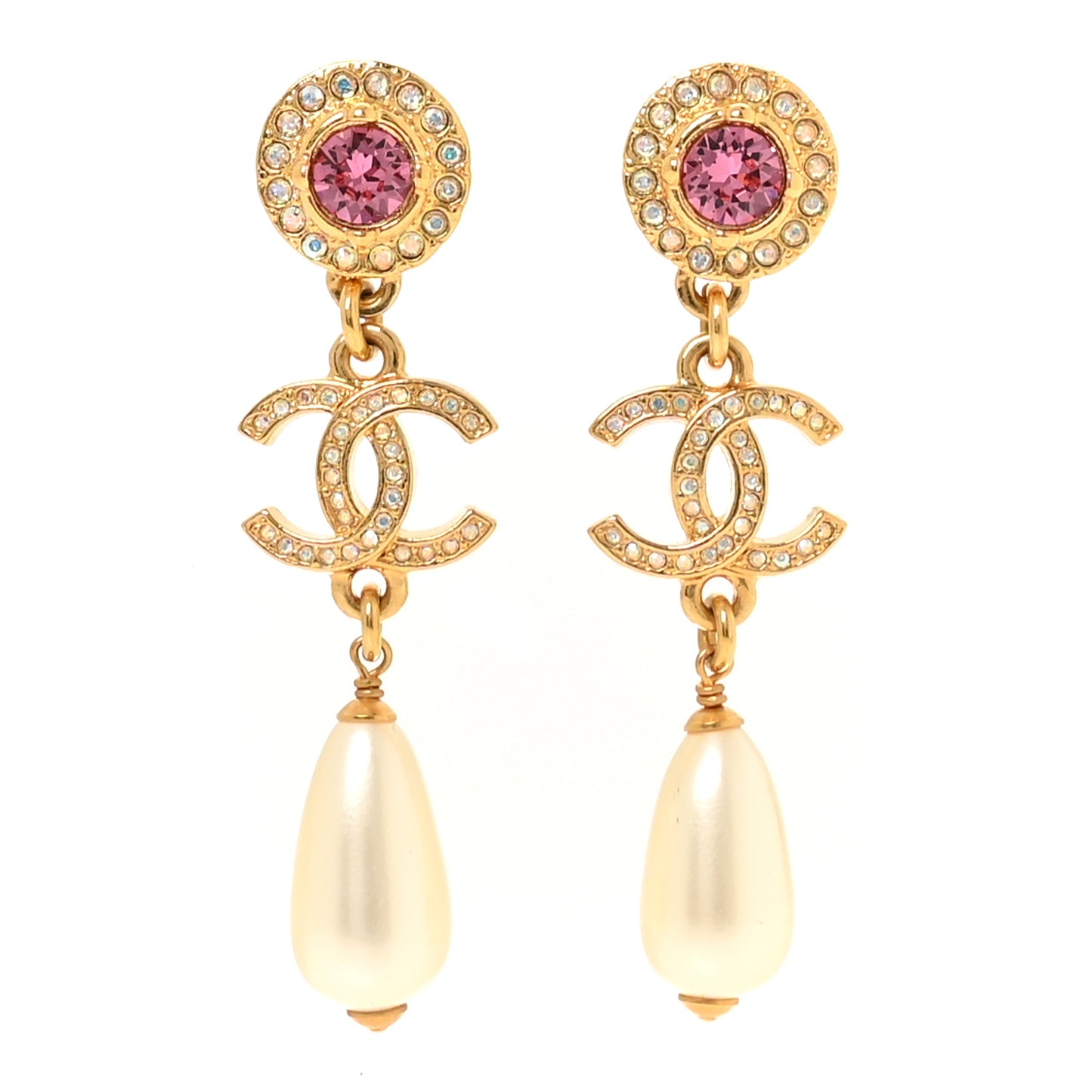 Metal Crystal Pearl CC Drop Earrings Gold Pink White