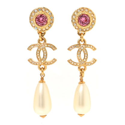 Chanel Metal Crystal Pearl CC Drop Earrings Gold Pink White 1 of 5