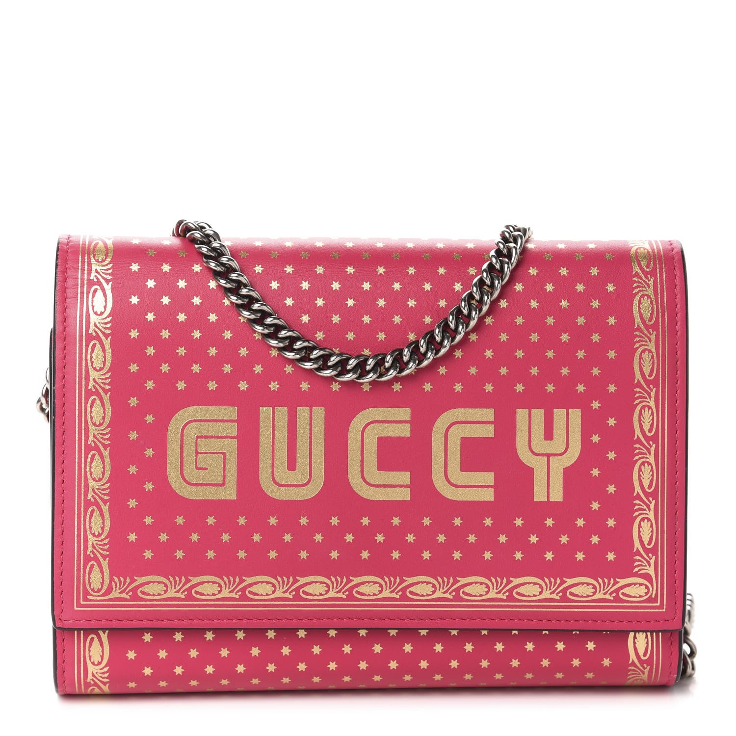 Gucci X SEGA Calfskin GUCCY Stars Chain Wallet Violet Fuxia Gold 1 of 10