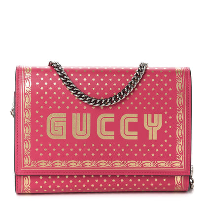 Gucci X SEGA Calfskin GUCCY Stars Chain Wallet Violet Fuxia Gold 1 of 10