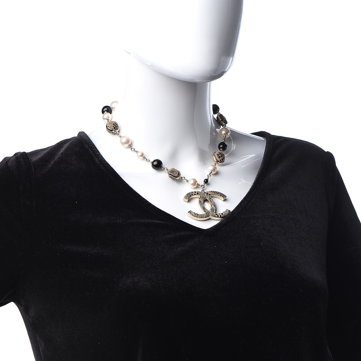 Chanel Pearl Beaded Lace CC Necklace Black Gold 2 of 5