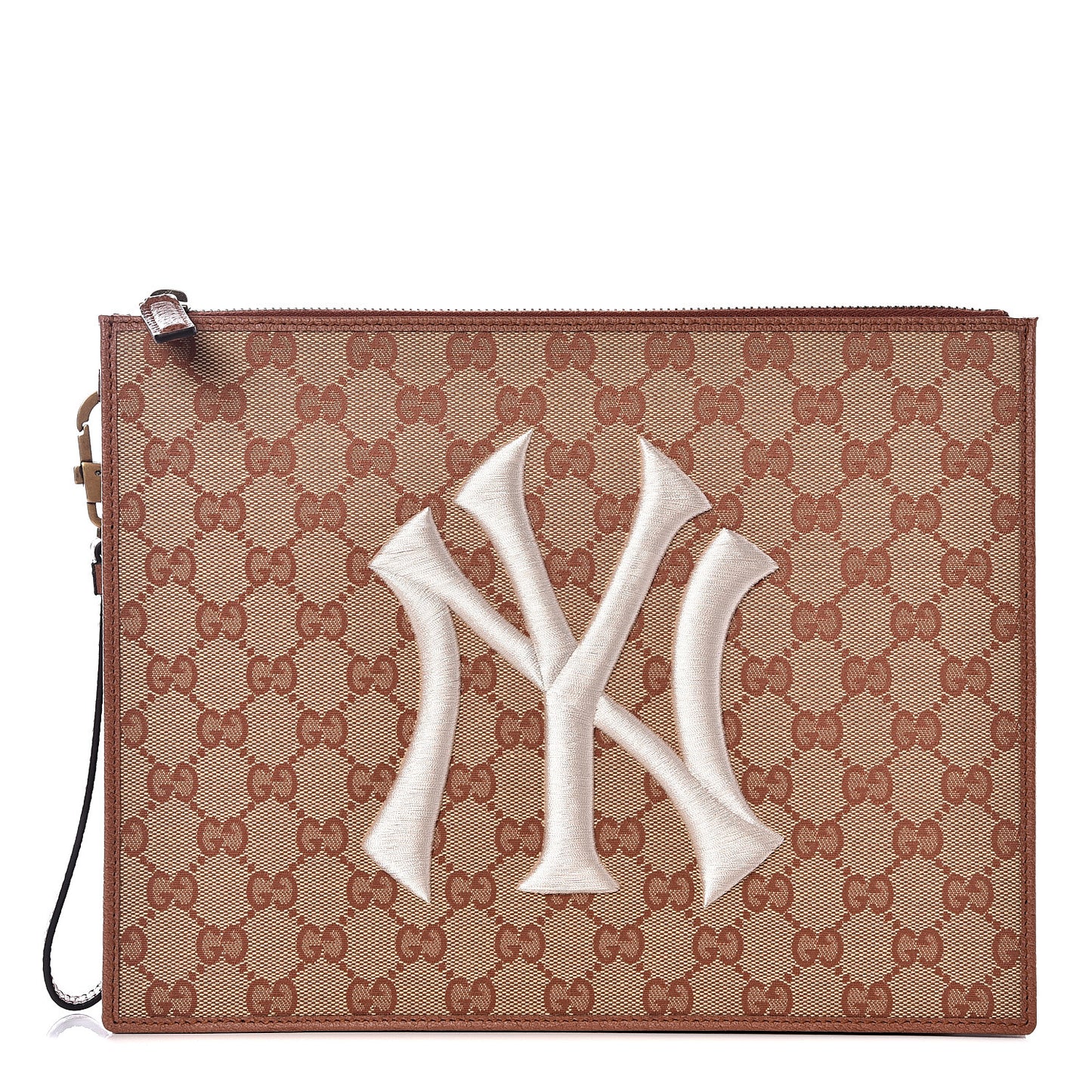 X MLB GG Monogram NY Yankees Zip Wristlet Pouch Beige Ruggine Ivory