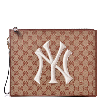 Gucci X MLB GG Monogram NY Yankees Zip Wristlet Pouch Beige Ruggine Ivory 1 of 9