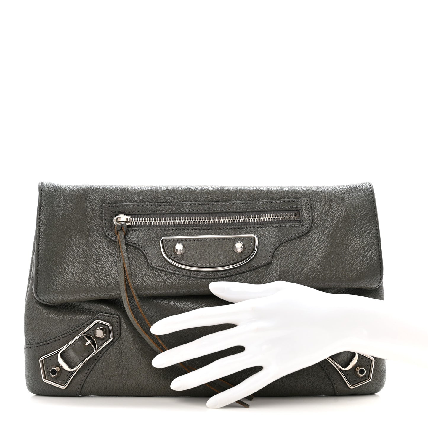 Chevre Silver Metallic Edge Hardware Envelope Clutch Gris Acier