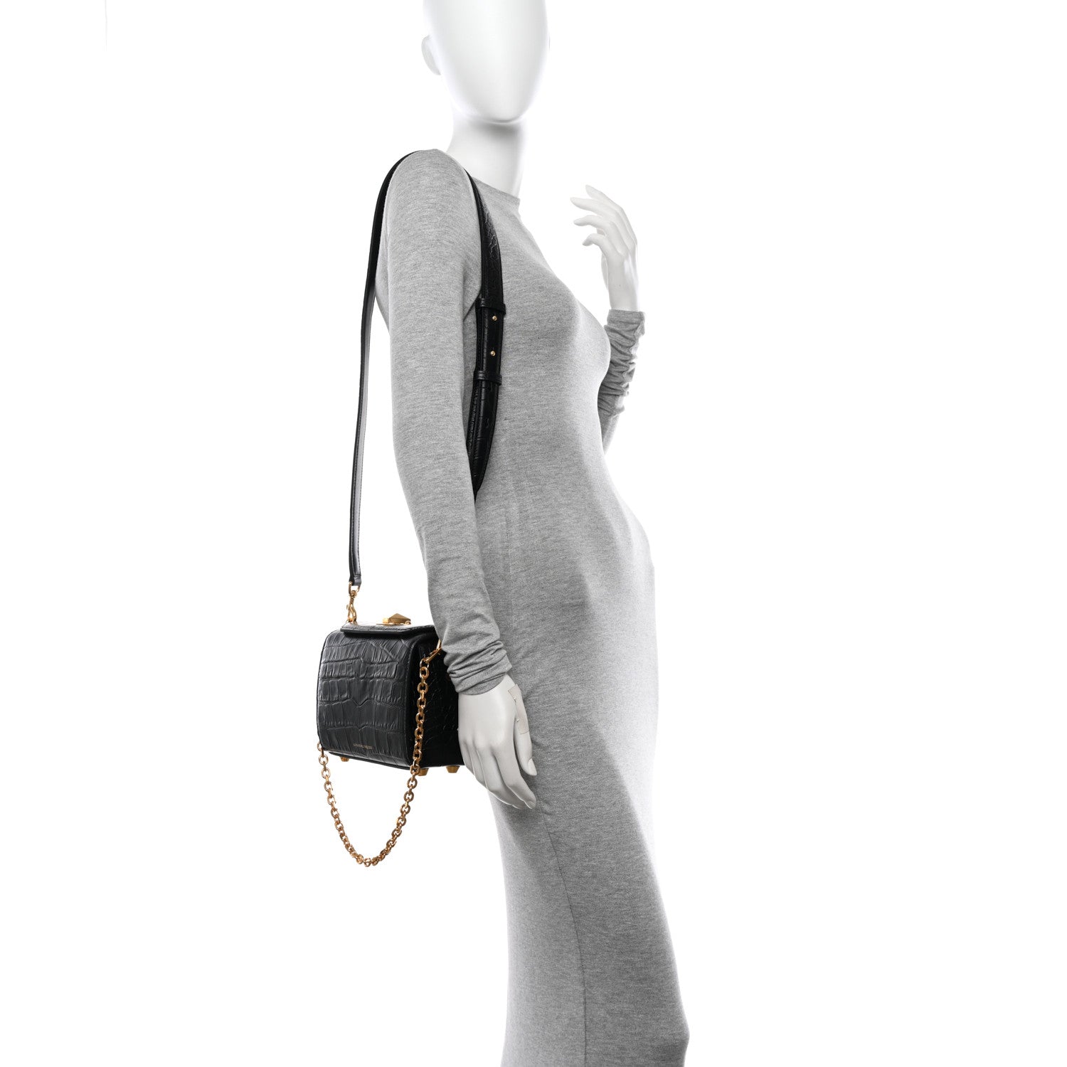Alexander McQueen Calfskin Crocodile Embossed Box Shoulder Bag 19 Black 2 of 10