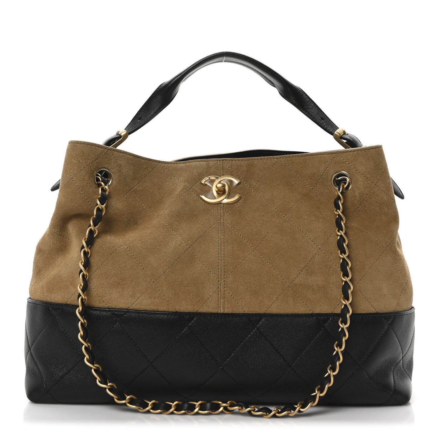 Suede Calfskin Shiny Lambskin Quilted Small Coco Base Shopping Bag Beige Black