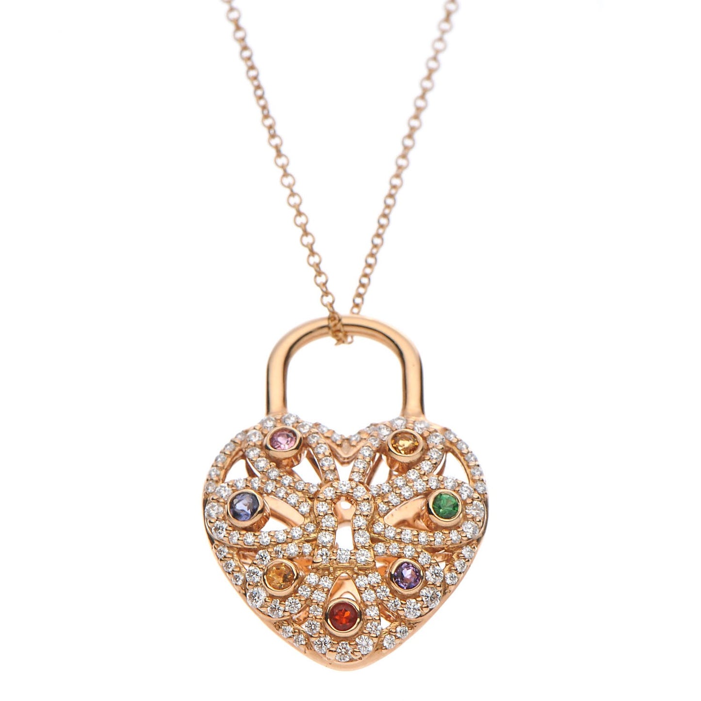 18K Rose Gold Diamond Multistone Filigree Heart Pendant Necklace