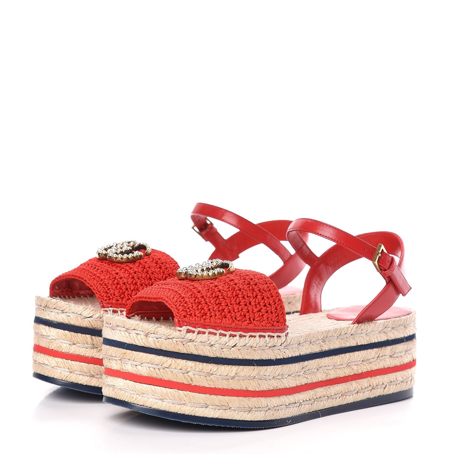 Cotton Malaga Kid Crochet Pearly GG Lilibeth Espadrille Platform Sandals 36 Hibiscus Red