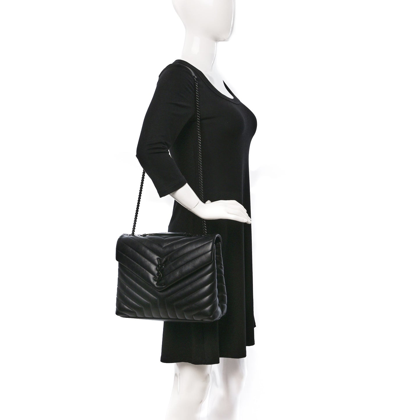 Calfskin Y Quilted Monogram Monochrome Medium Loulou Chain Satchel Black
