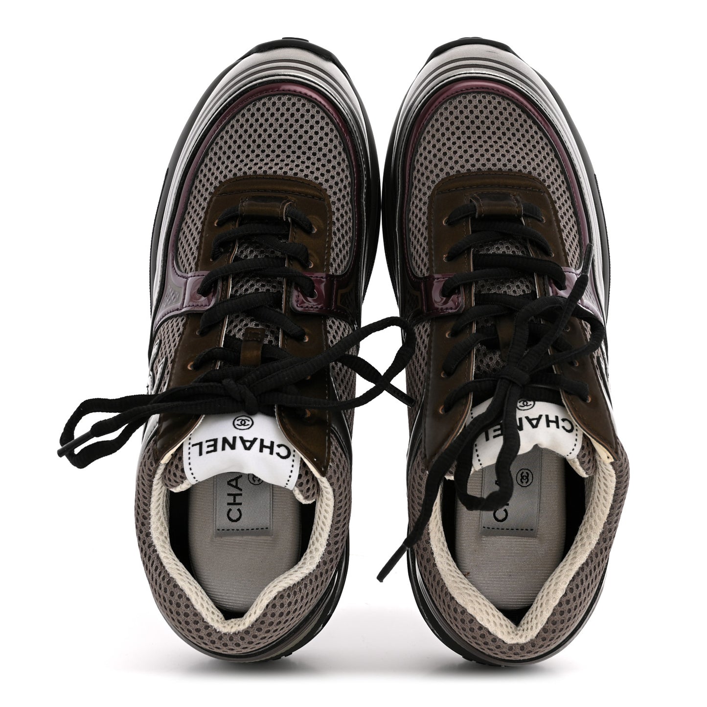 Fabric Laminated Calfskin Stretch CC Womens Sneakers 37.5 Khaki Silver Dark Purple