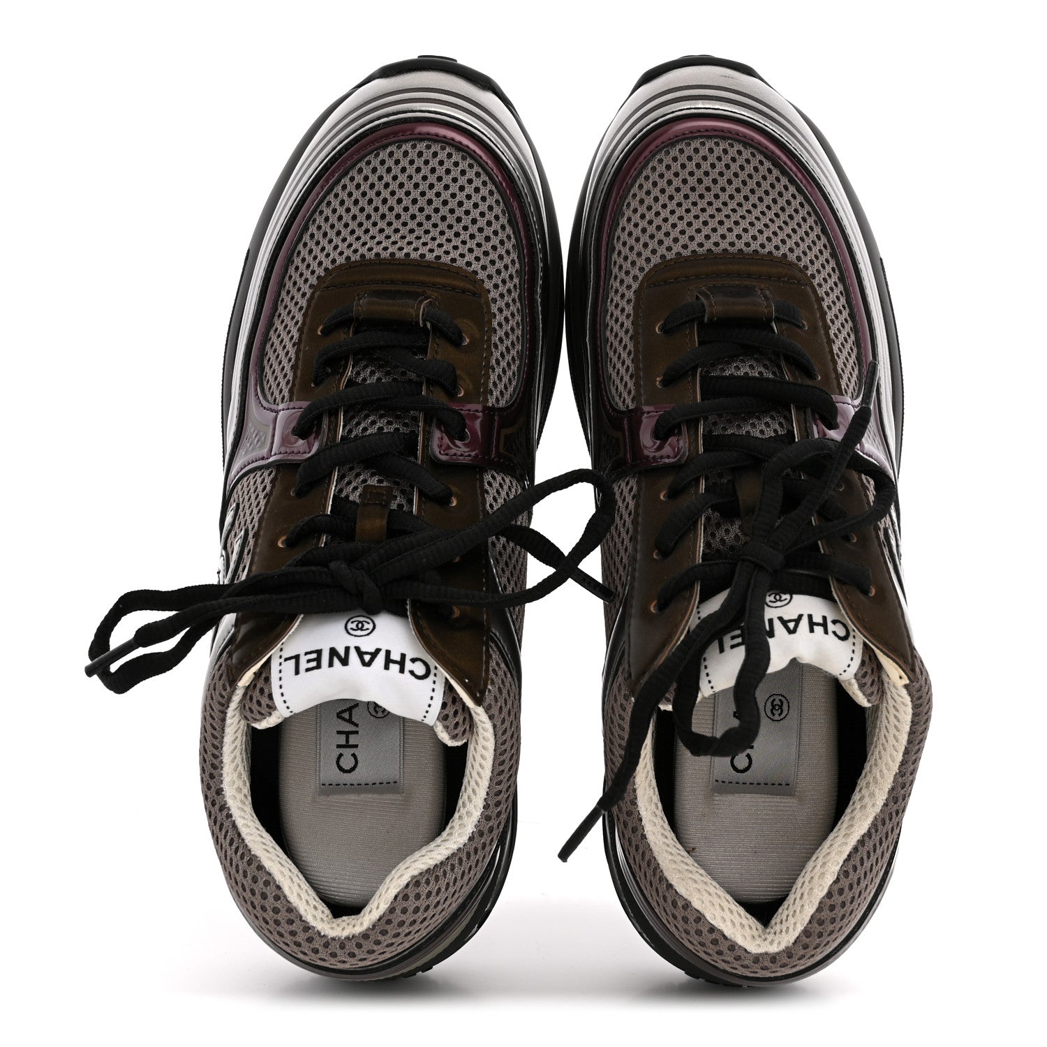 Chanel Fabric Laminated Calfskin Stretch CC Womens Sneakers 37.5 Khaki Silver Dark Purple 2 of 11