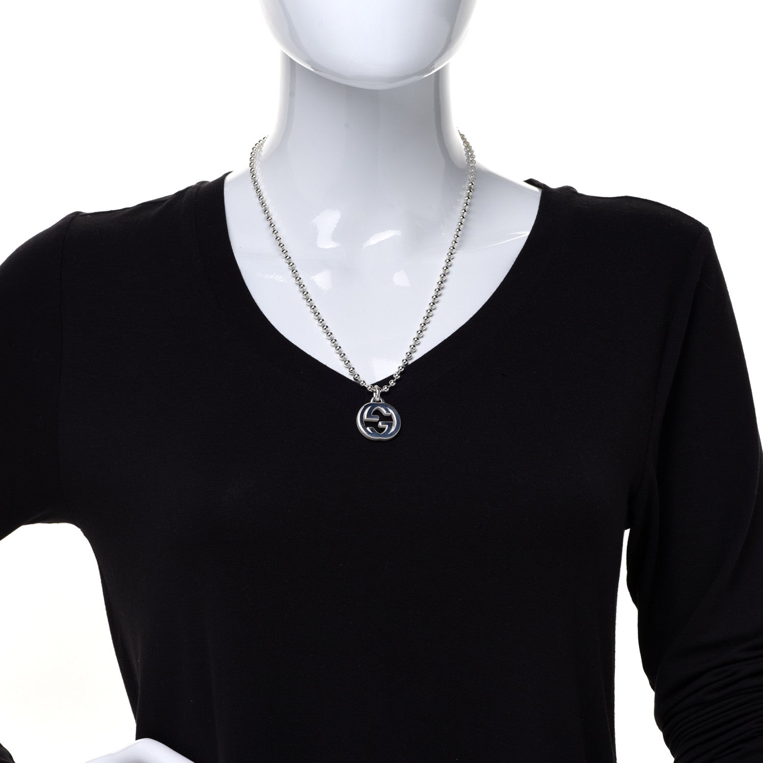 Gucci Sterling Silver Interlocking GG Pendant Beaded Necklace 2 of 7