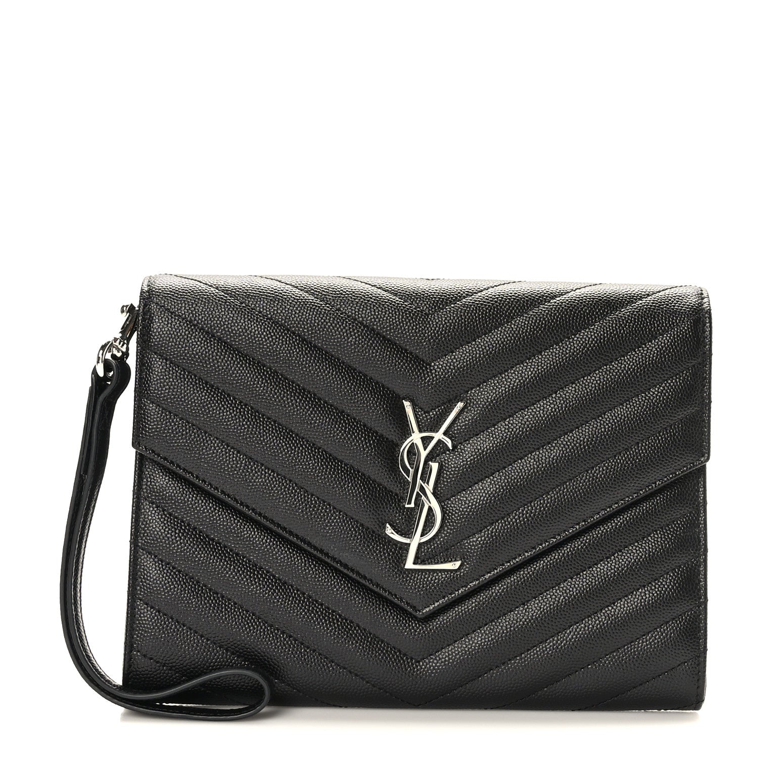 Saint Laurent Grain De Poudre Matelasse Chevron Monogram Cassandre Flap Pouch Black 1 of 8