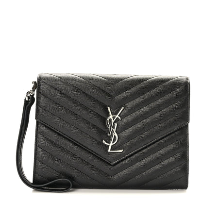 Saint Laurent Grain De Poudre Matelasse Chevron Monogram Cassandre Flap Pouch Black 1 of 8