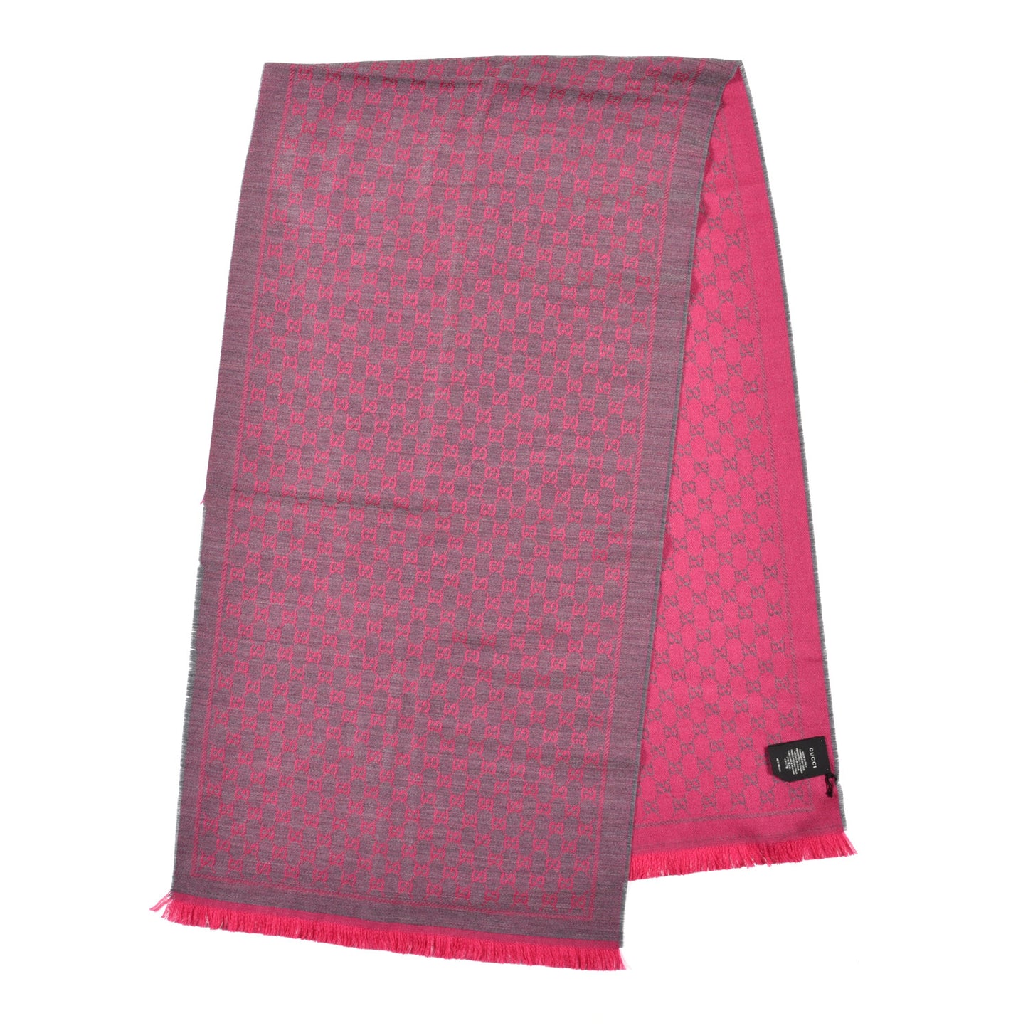 Wool GG Monogram Reversible New Sten Fringe Scarf Graphite Pink