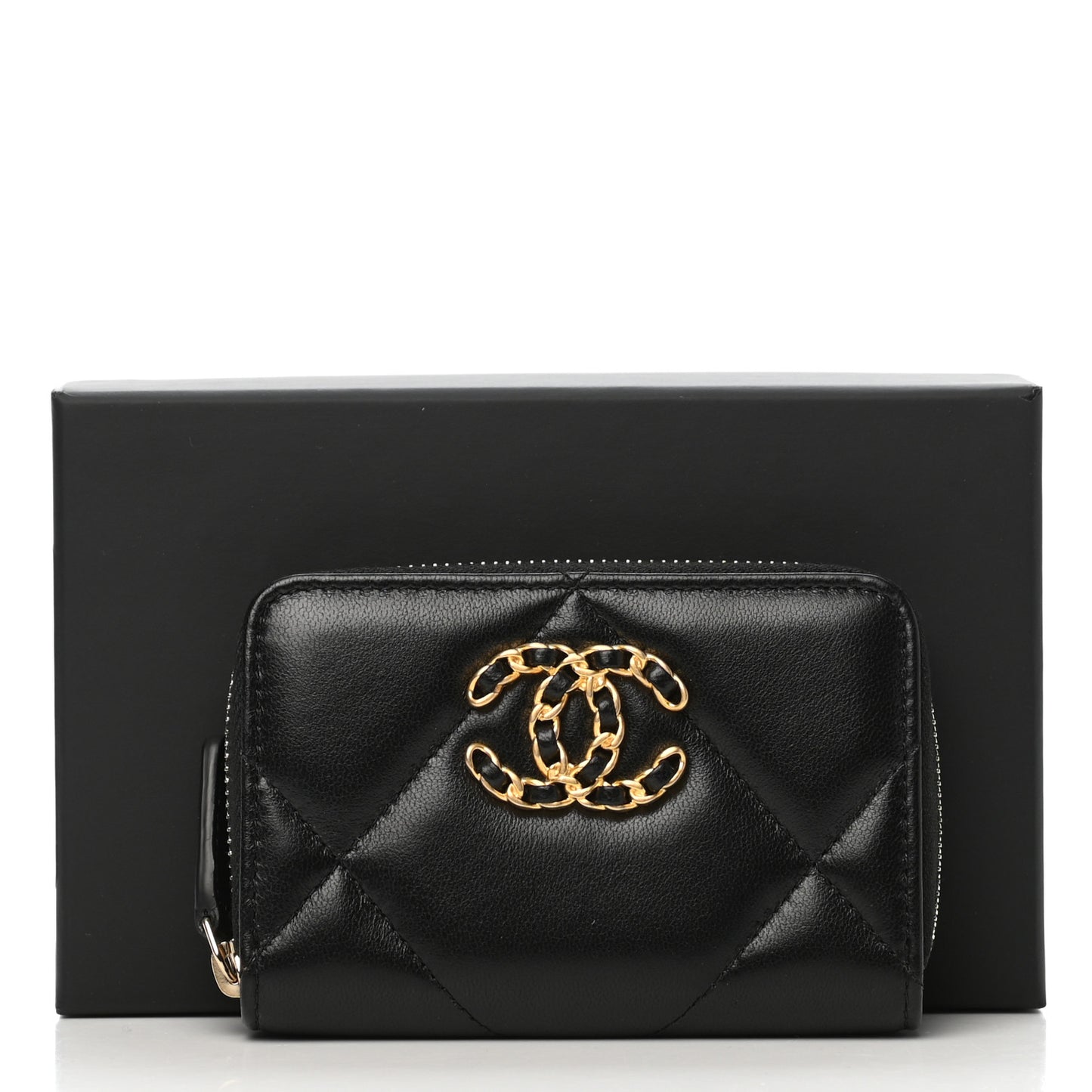 Lambskin Quilted Chanel 19 Zip Around Coin Purse Wallet Black